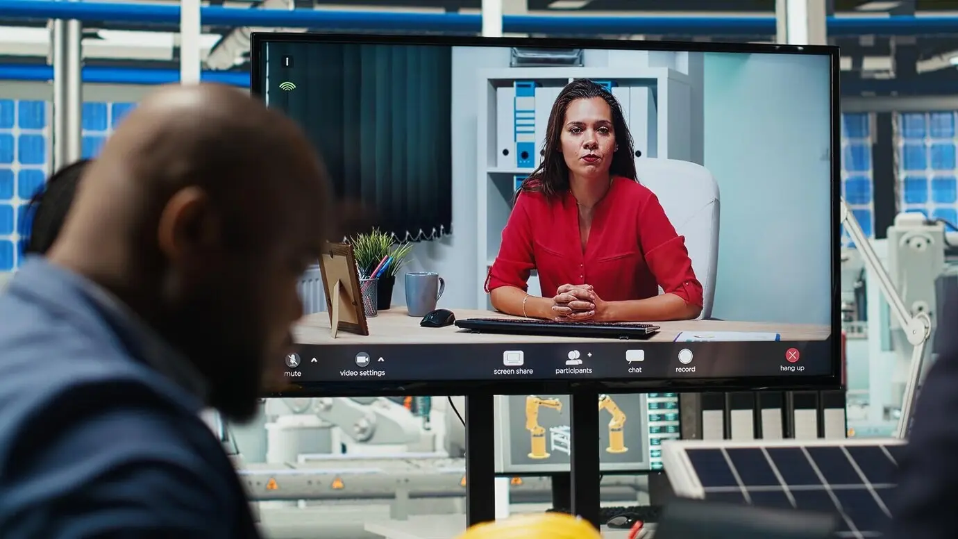 Investors in an office reviewing solar technology reports during a video call.
