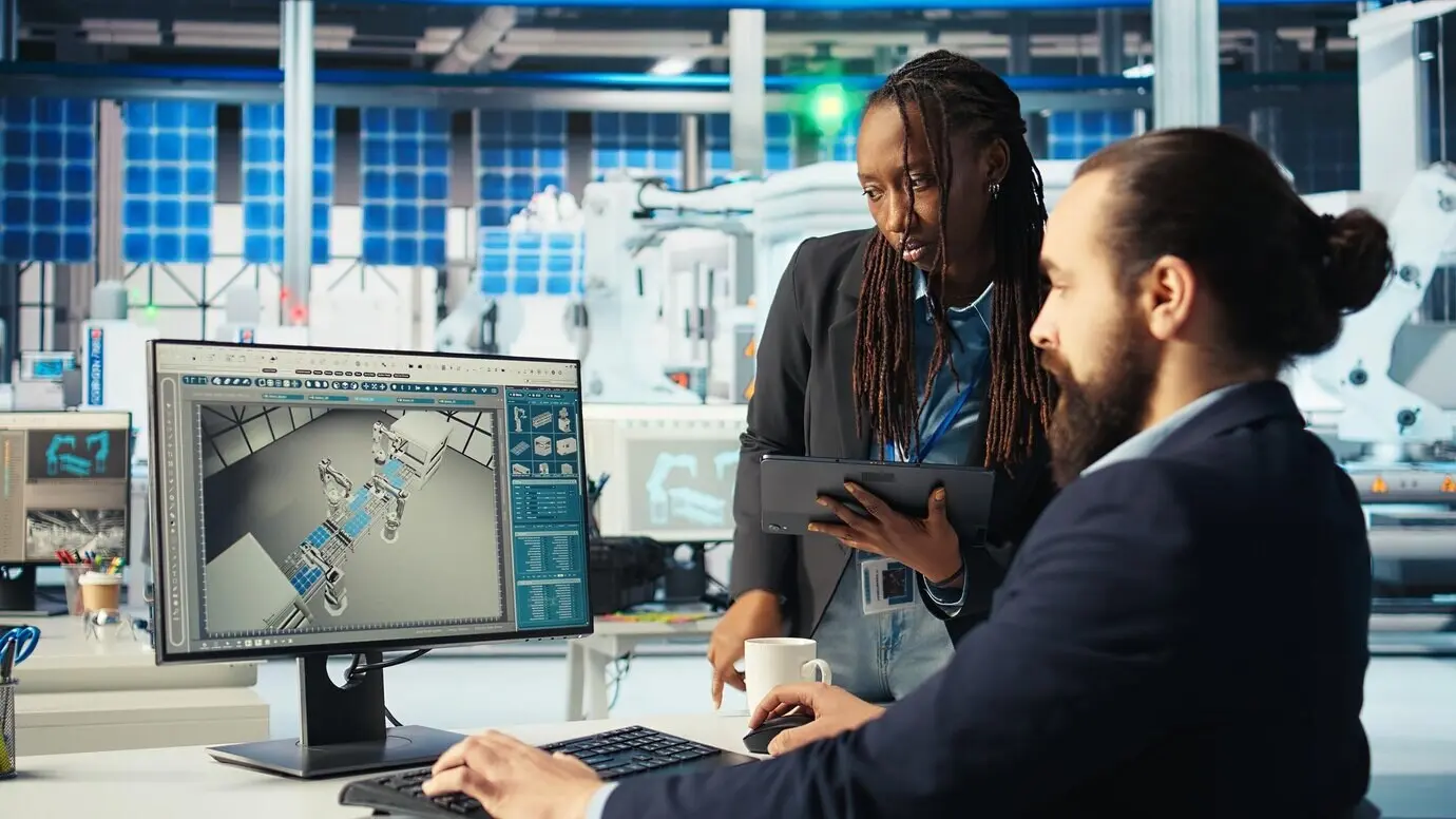 Manager at a photovoltaics factory dispatching a worker to repair malfunctioning systems