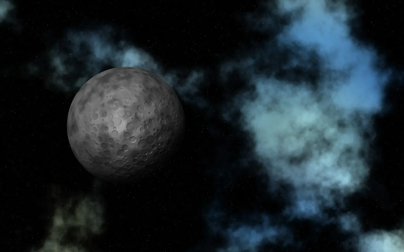 A 3D abstract space scene with a fictional moon and a nebula.