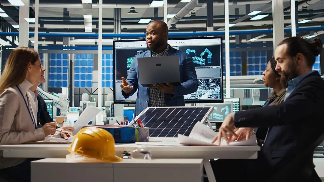 Researchers at a photovoltaic plant are analyzing the performance of solar cells.